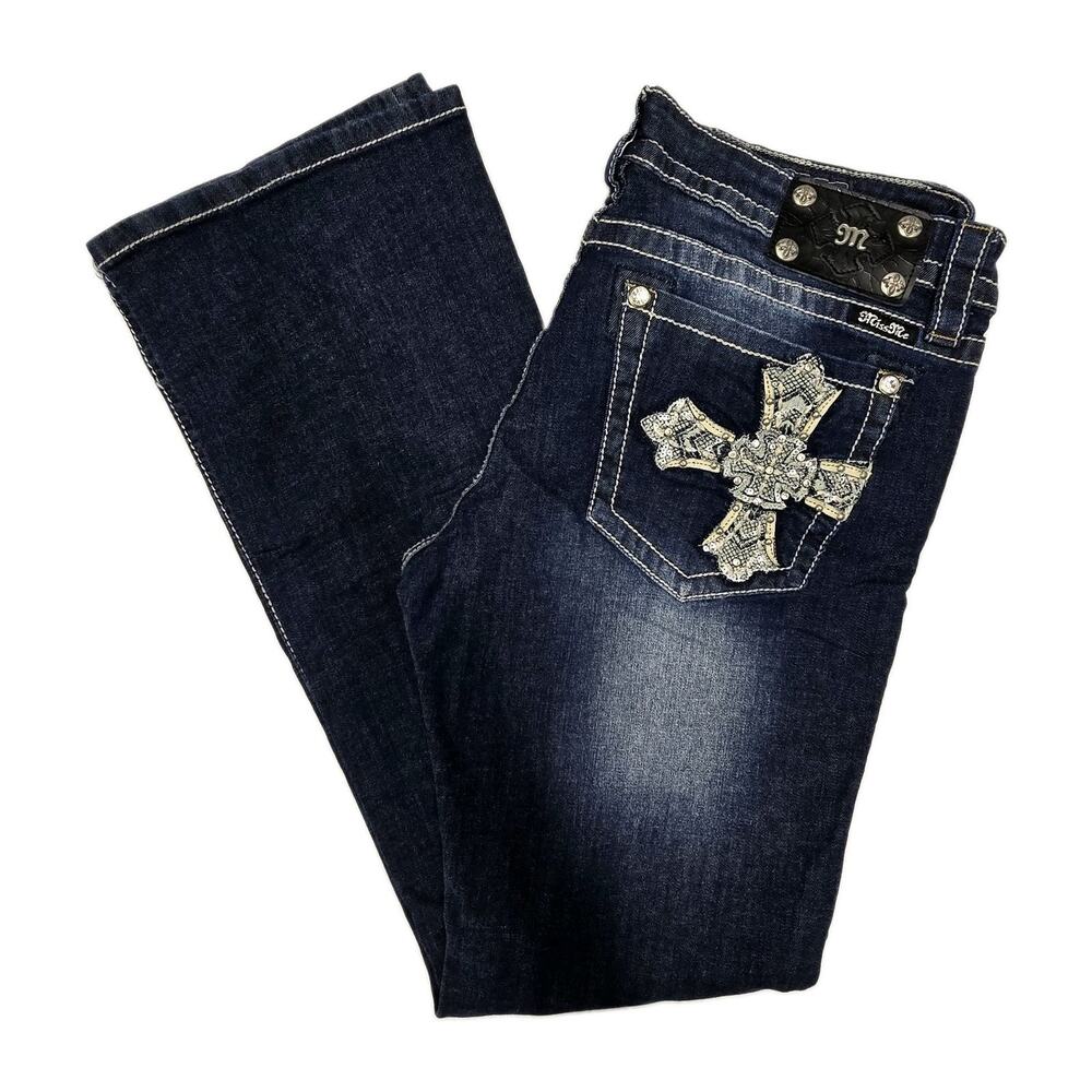 Miss Me Cross Pocket Bootcut Jeans Women Size 33 Dark Wash Bling Rhinestone Y2K